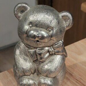 Vintage Baby's First Piggy Bank-Silver Teddy Bear Bank with Stopper-6 inch